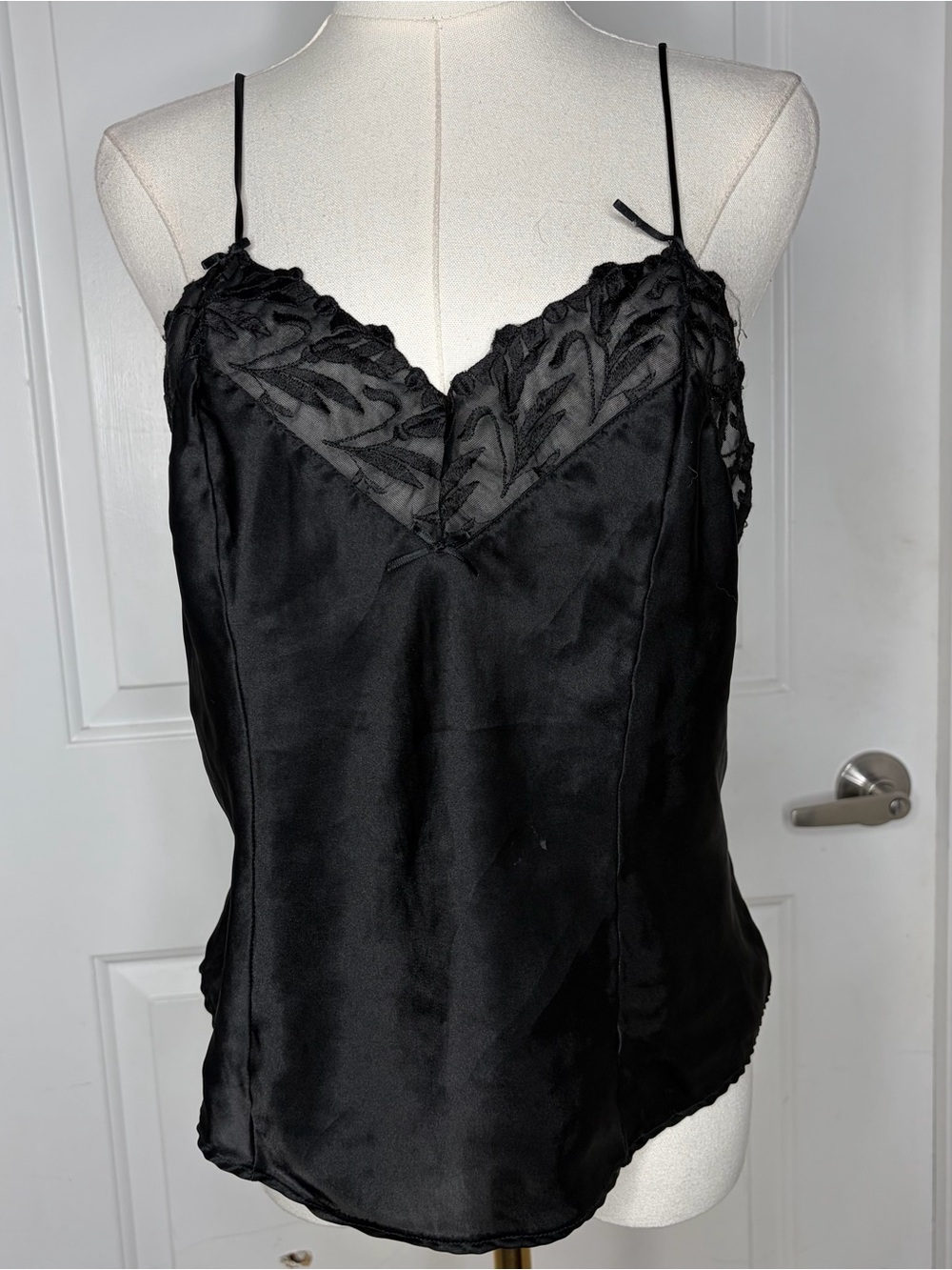 Vintage 90s Black Satin Lace Adjustable Strappy Tank Camisole Top Size M